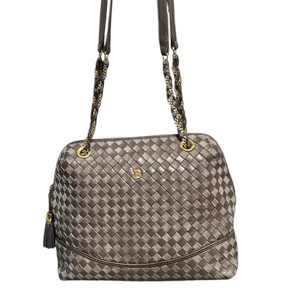 Bally Handbags - Bally Gray Woven Leather & Suede Vintage Intrecciato Double Strap Shoulder Bag